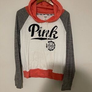PINK Victoria's Secret Coral, White & Gray Raglan Logo Hoodie